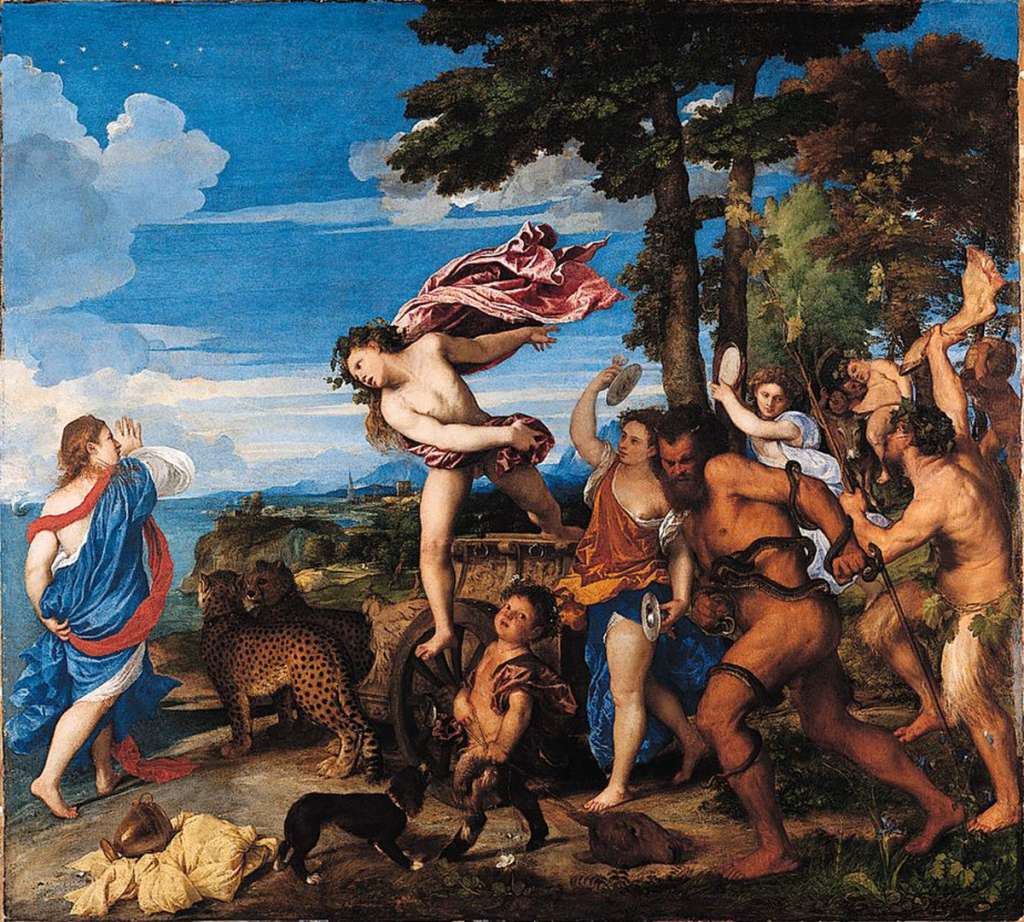 London National Gallery Top 20 09 Titian - Bacchus and Ariadne Titian - Bacchus and Ariadne, 1522-23, 175 x 191 cm. Bacchus, god of wine, emerges with his followers from the landscape to the right. Falling in love with Ariadne on sight, he leaps from his chariot, drawn by two cheetahs, towards her. Ariadne had been abandoned on the Greek island of Naxos by Theseus, whose ship is shown in the distance. The picture shows her initial fear of Bacchus, but he raised her to heaven and turned her into a constellation, represented by the stars above her head. Titians little dog barks excitedly at the strutting faun with jasmine in his hair, trailing a mangled calfs head alongside a caper flower, symbol of love.